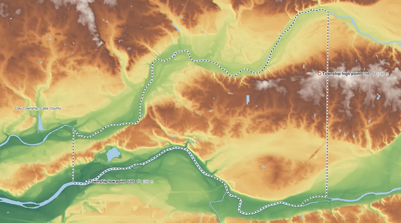 Topographic elevation map of Miami Township, Indiana, shaded from 600 ft on the southwest side to 790 ft on the northeast side