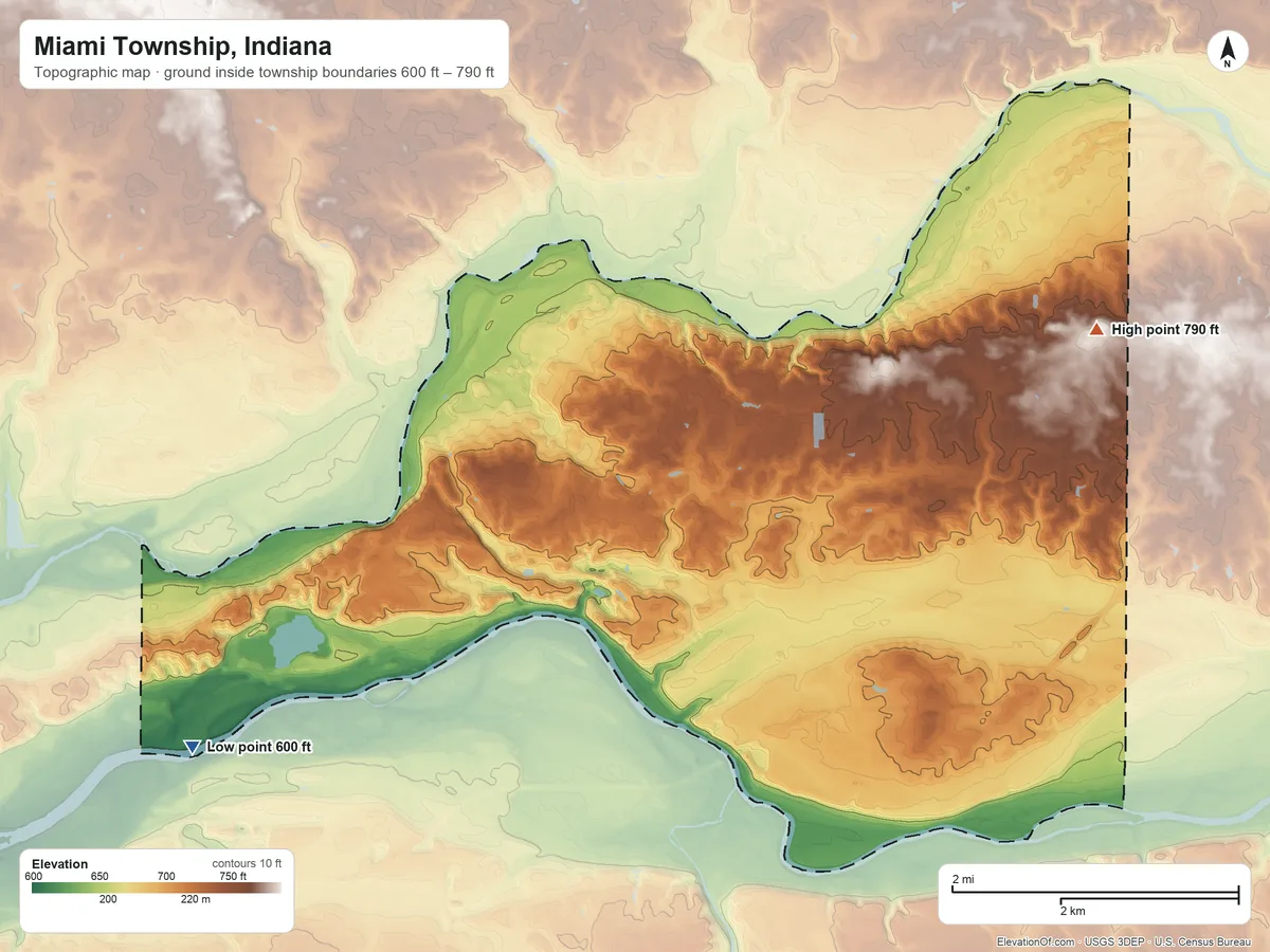 Topographic elevation map of Miami Township, Indiana, shaded from 600 ft on the southwest side to 790 ft on the northeast side