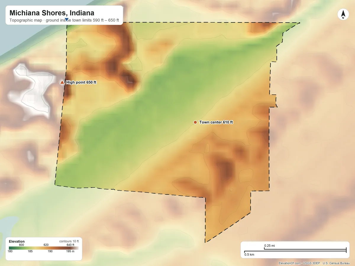 Topographic elevation map of Michiana Shores, Indiana, shaded from 590 ft on the northwest side to 650 ft on the west side