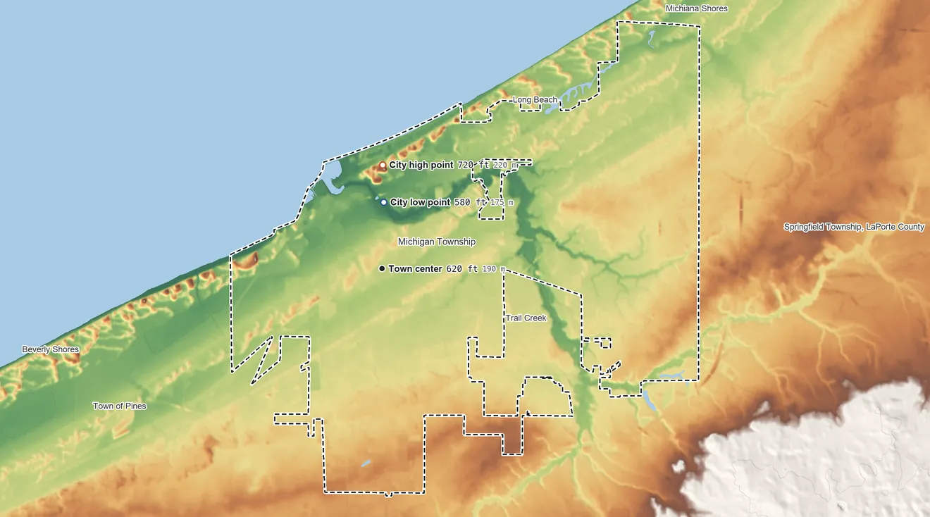 Topographic elevation map of Michigan City, Indiana, shaded from 580 ft near the middle to 720 ft on the north side