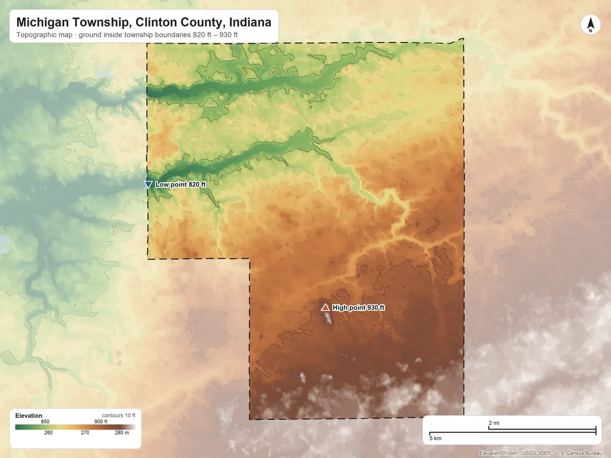 Topographic elevation map of Michigan Township, Clinton County, Indiana, shaded from 820 ft on the west side to 930 ft on the south side