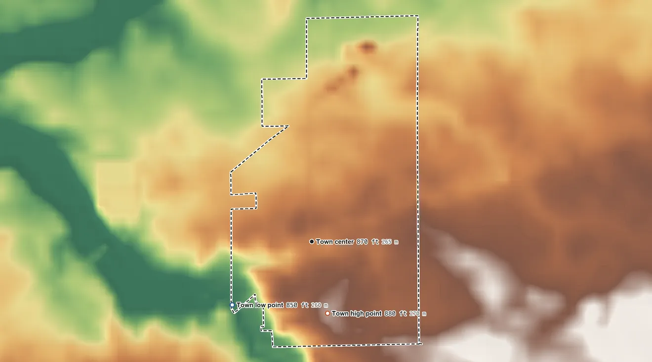 Topographic elevation map of Michigantown, Indiana, shaded from 850 ft on the southwest side to 880 ft on the south side