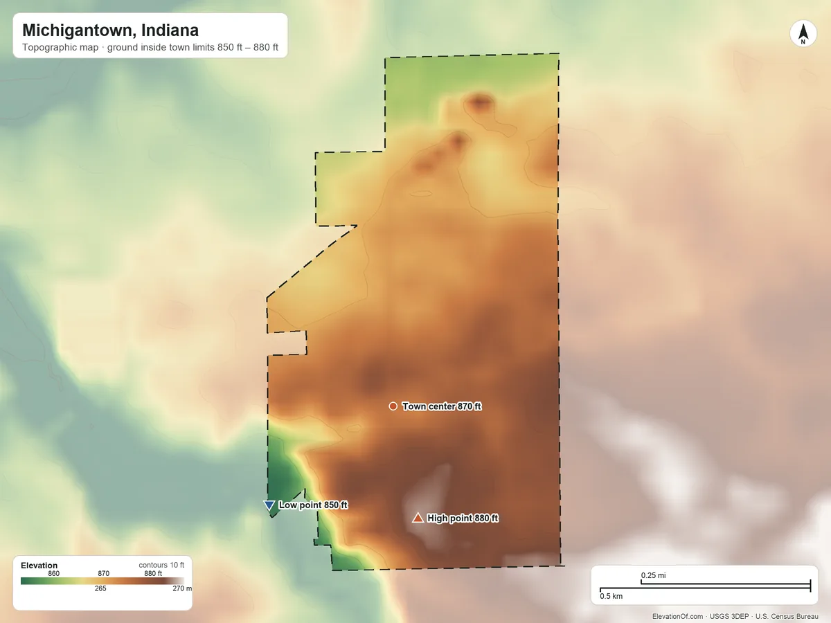Topographic elevation map of Michigantown, Indiana, shaded from 850 ft on the southwest side to 880 ft on the south side
