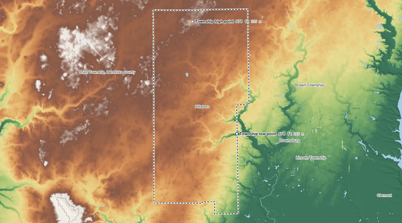 Topographic elevation map of Middle Township, Indiana, shaded from 870 ft on the southeast side to 970 ft on the north side