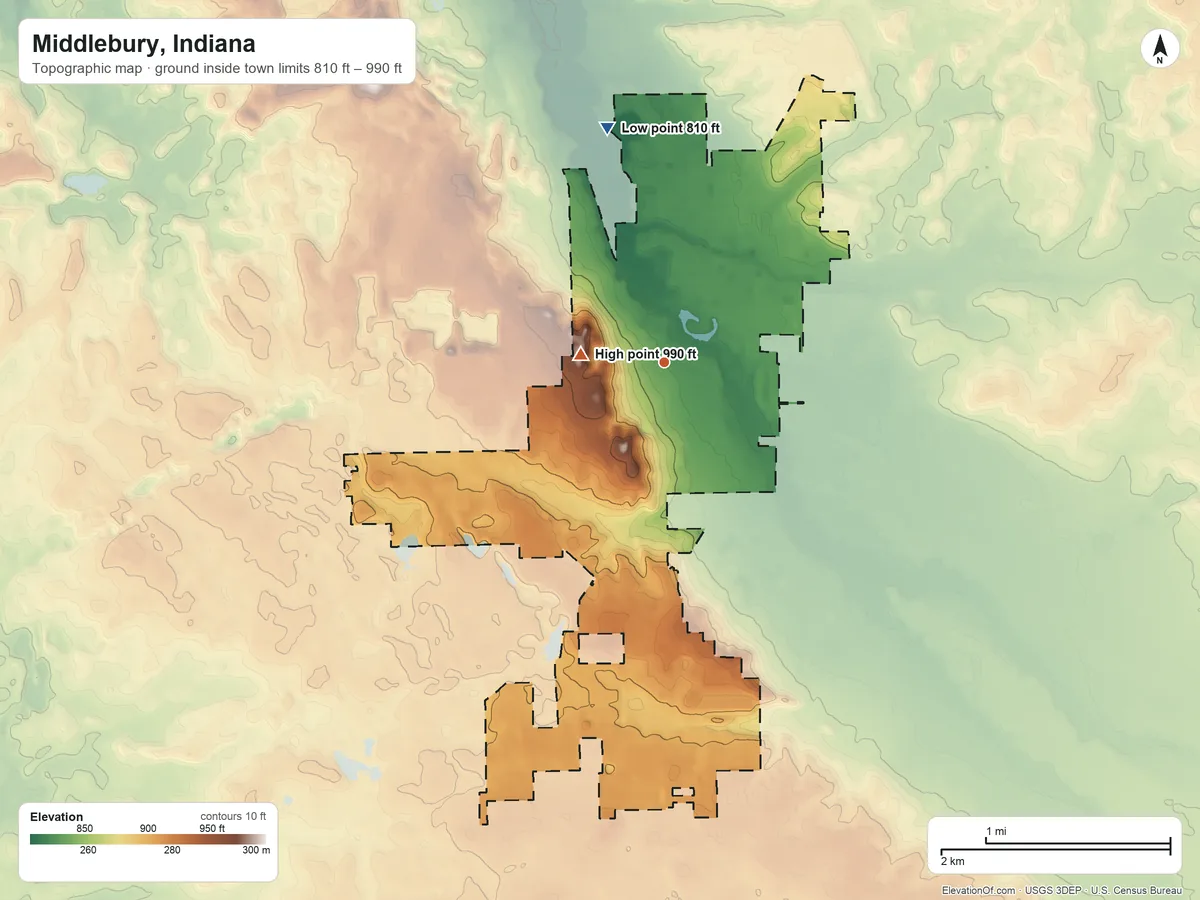 Topographic elevation map of Middlebury, Indiana, shaded from 810 ft on the north side to 990 ft near the middle