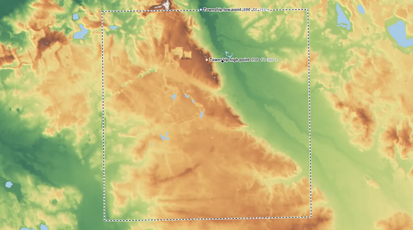 Topographic elevation map of Middlebury Township, Indiana, shaded from 800 ft on the northwest side to 990 ft near the middle