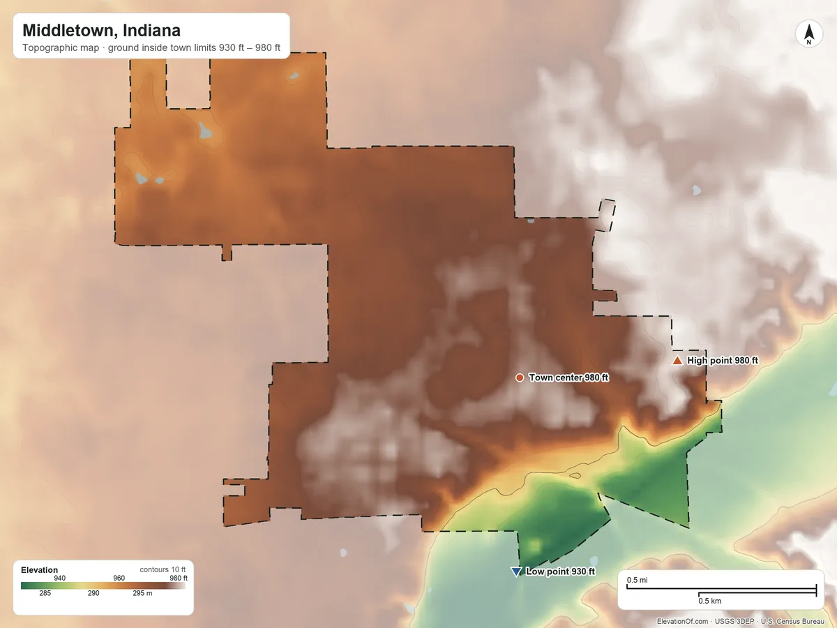 Topographic elevation map of Middletown, Indiana, shaded from 930 ft on the south side to 980 ft on the east side