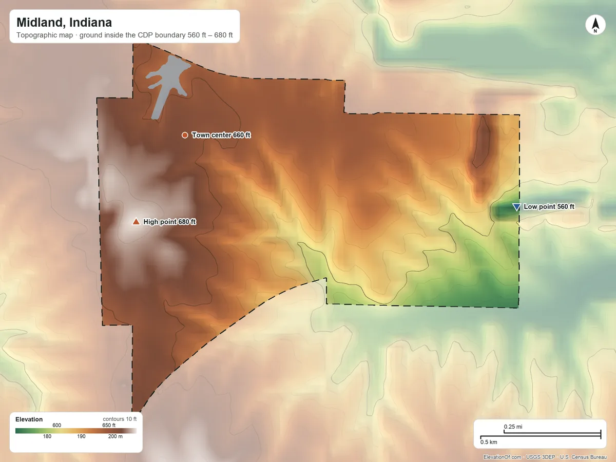 Topographic elevation map of Midland, Indiana, shaded from 560 ft on the east side to 680 ft on the southwest side