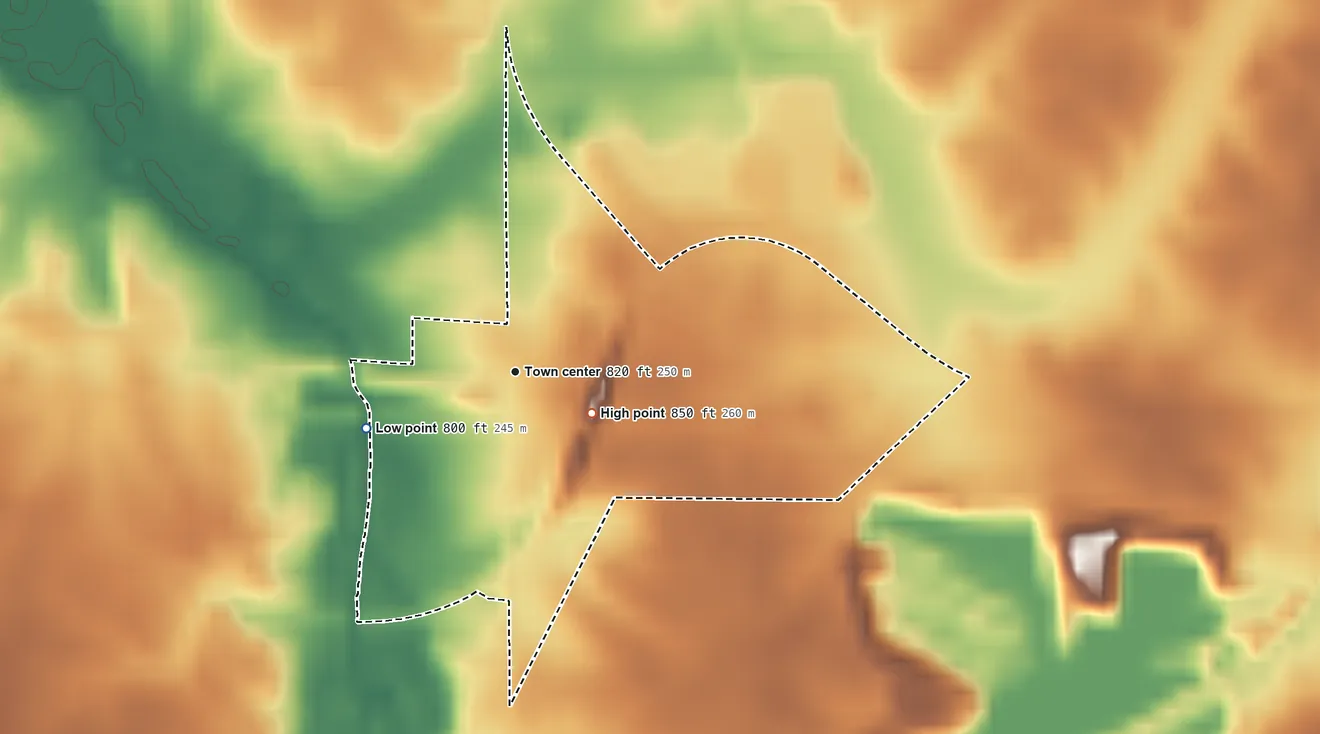 Topographic elevation map of Mier, Indiana, shaded from 800 ft on the west side to 850 ft near the middle