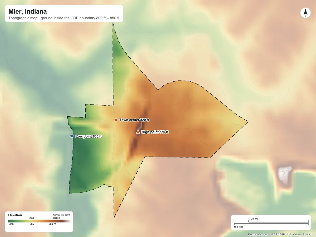 Topographic elevation map of Mier, Indiana, shaded from 800 ft on the west side to 850 ft near the middle