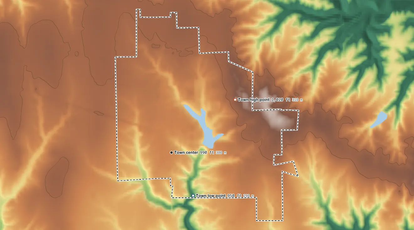 Topographic elevation map of Milan, Indiana, shaded from 950 ft on the southeast side to 1,020 ft on the northeast side