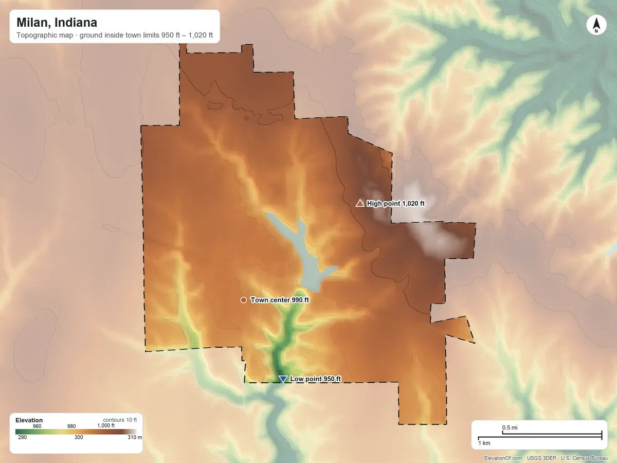 Topographic elevation map of Milan, Indiana, shaded from 950 ft on the southeast side to 1,020 ft on the northeast side