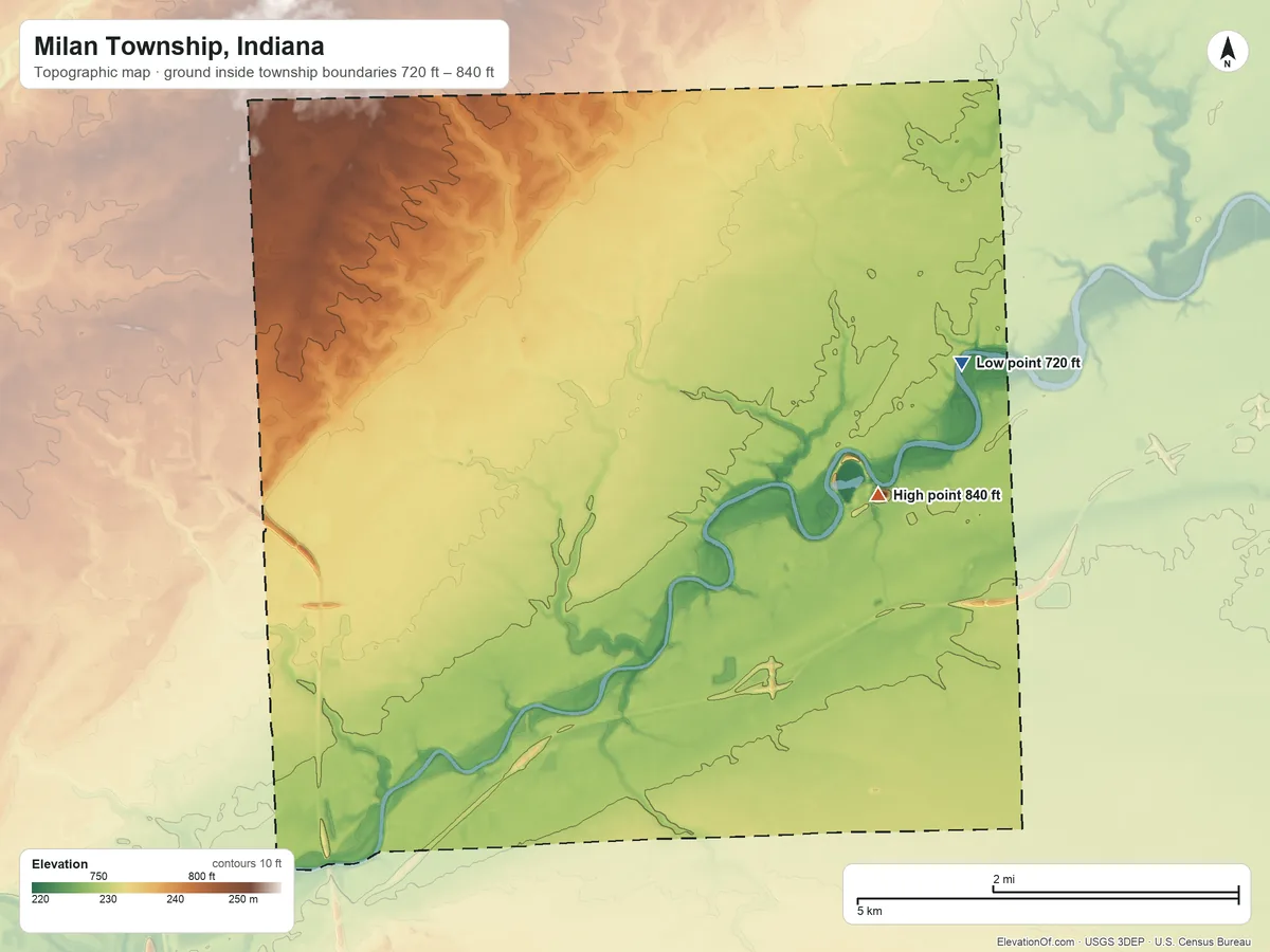 Topographic elevation map of Milan Township, Indiana, shaded from 720 ft on the east side to 840 ft on the east side