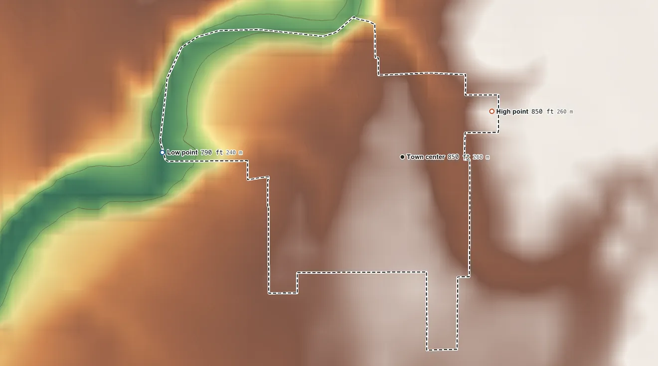 Topographic elevation map of Milford, Decatur County, Indiana, shaded from 790 ft on the west side to 850 ft on the northeast side