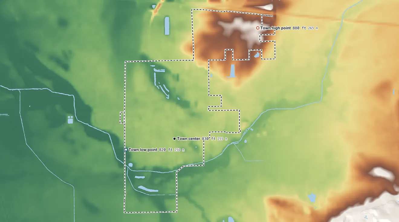 Topographic elevation map of Milford, Indiana, shaded from 820 ft on the west side to 880 ft on the northeast side