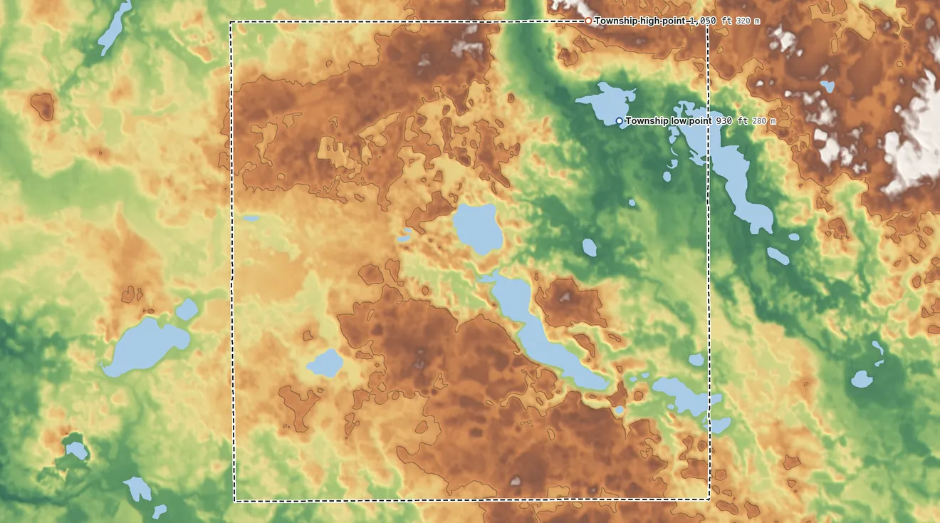 Topographic elevation map of Milford Township, Indiana, shaded from 930 ft on the northeast side to 1,050 ft on the north side