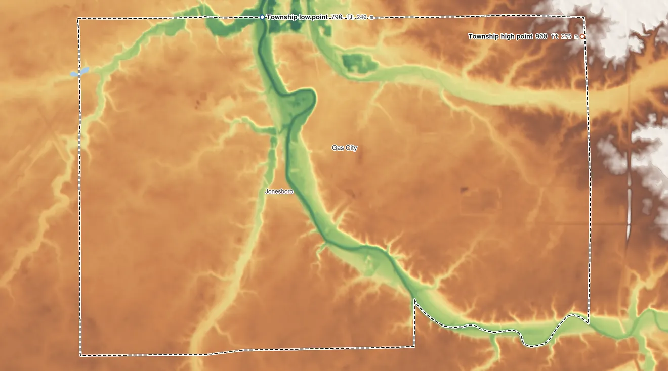 Topographic elevation map of Mill Township, Indiana, shaded from 790 ft on the northwest side to 900 ft on the northeast side