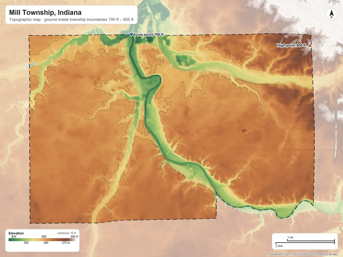 Topographic elevation map of Mill Township, Indiana, shaded from 790 ft on the northwest side to 900 ft on the northeast side