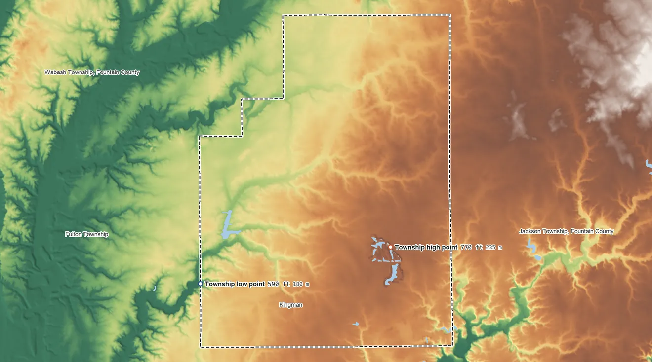 Topographic elevation map of Millcreek Township, Indiana, shaded from 590 ft on the southwest side to 770 ft on the east side