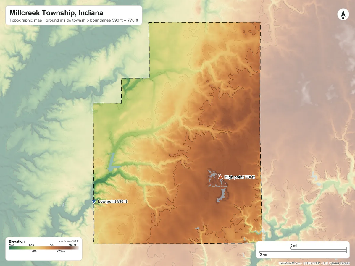Topographic elevation map of Millcreek Township, Indiana, shaded from 590 ft on the southwest side to 770 ft on the east side