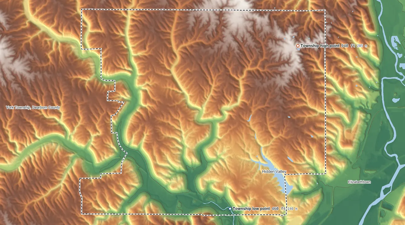 Topographic elevation map of Miller Township, Indiana, shaded from 460 ft on the south side to 940 ft on the northeast side