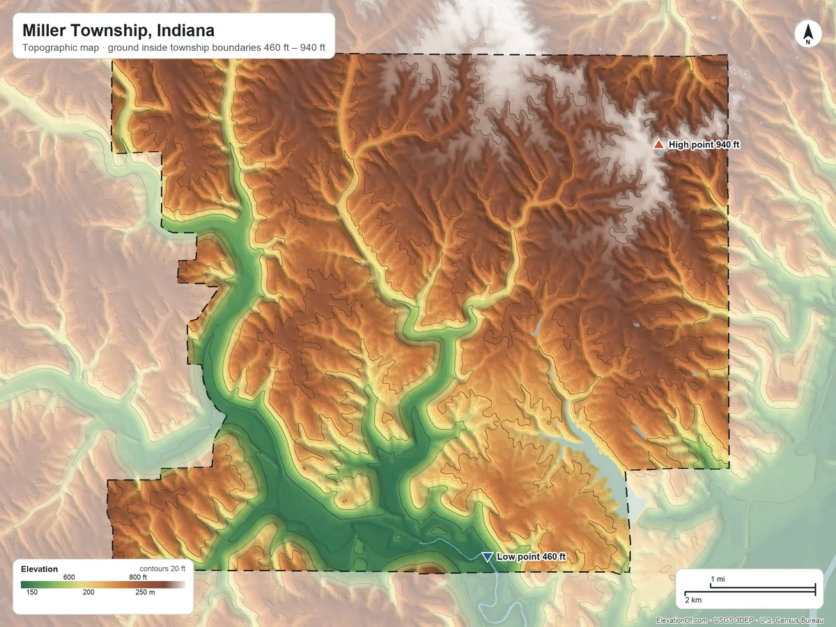 Topographic elevation map of Miller Township, Indiana, shaded from 460 ft on the south side to 940 ft on the northeast side