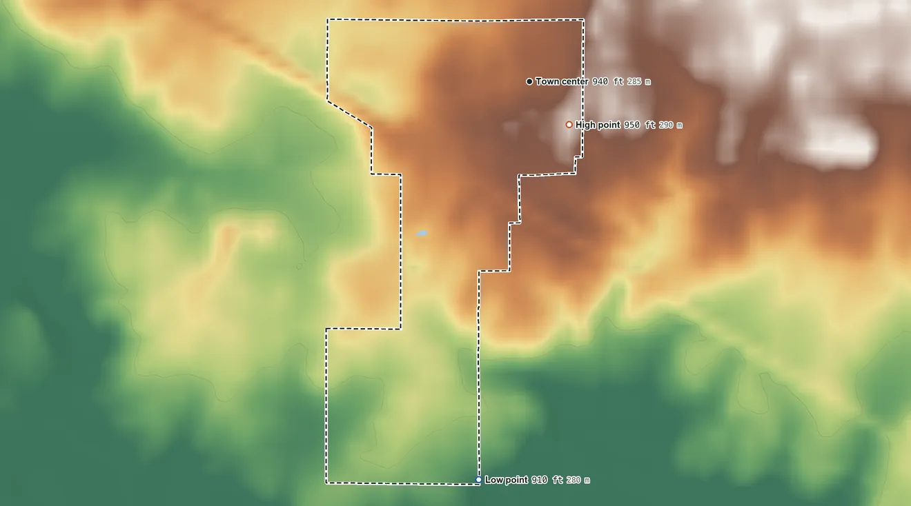 Topographic elevation map of Millgrove, Indiana, shaded from 910 ft on the south side to 950 ft on the southeast side