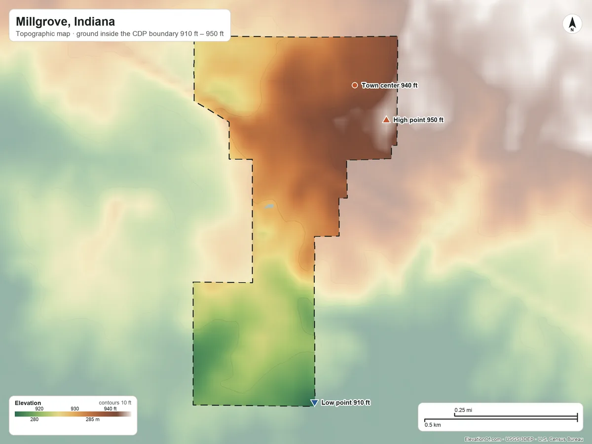 Topographic elevation map of Millgrove, Indiana, shaded from 910 ft on the south side to 950 ft on the southeast side