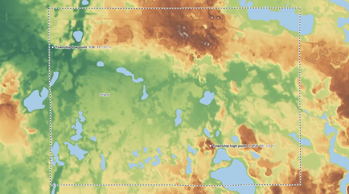 Topographic elevation map of Millgrove Township, Indiana, shaded from 930 ft on the west side to 1,050 ft on the southeast side