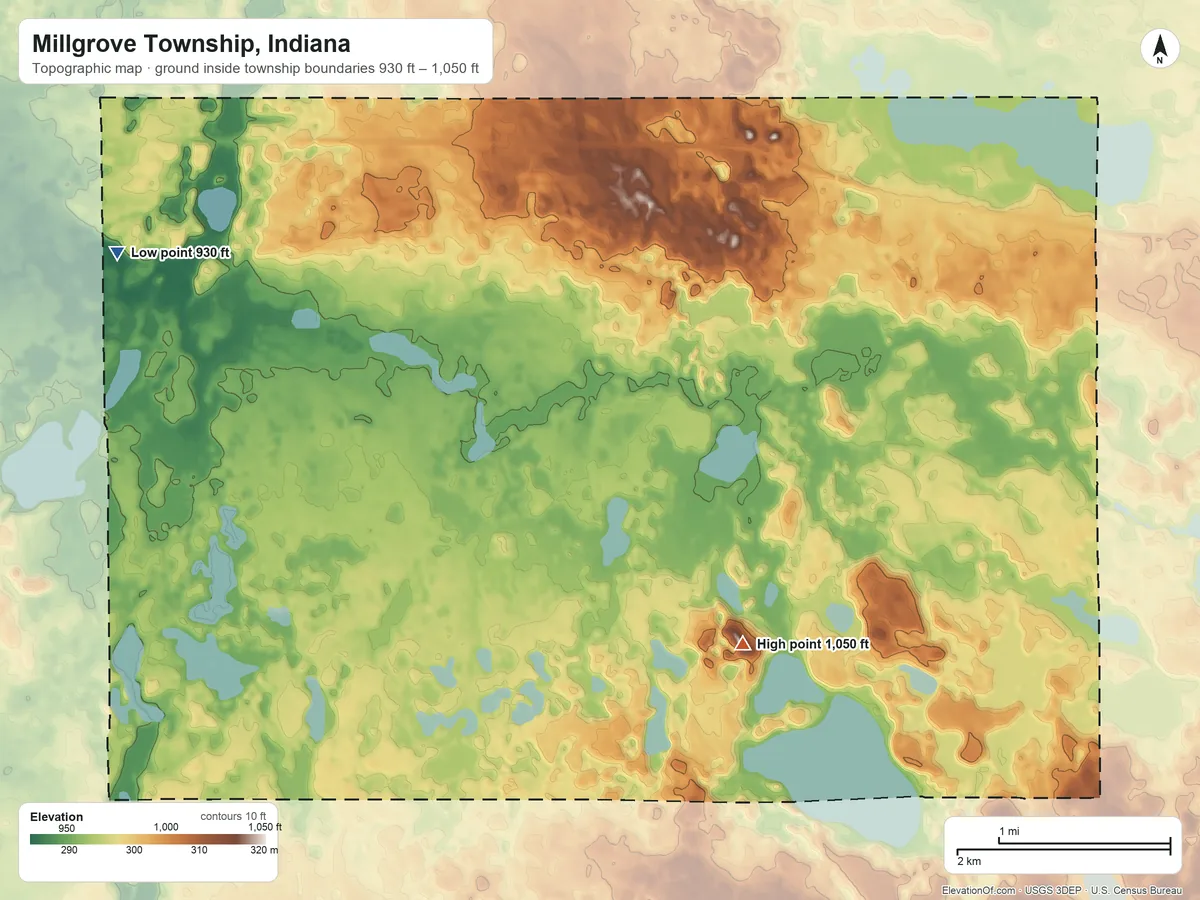 Topographic elevation map of Millgrove Township, Indiana, shaded from 930 ft on the west side to 1,050 ft on the southeast side