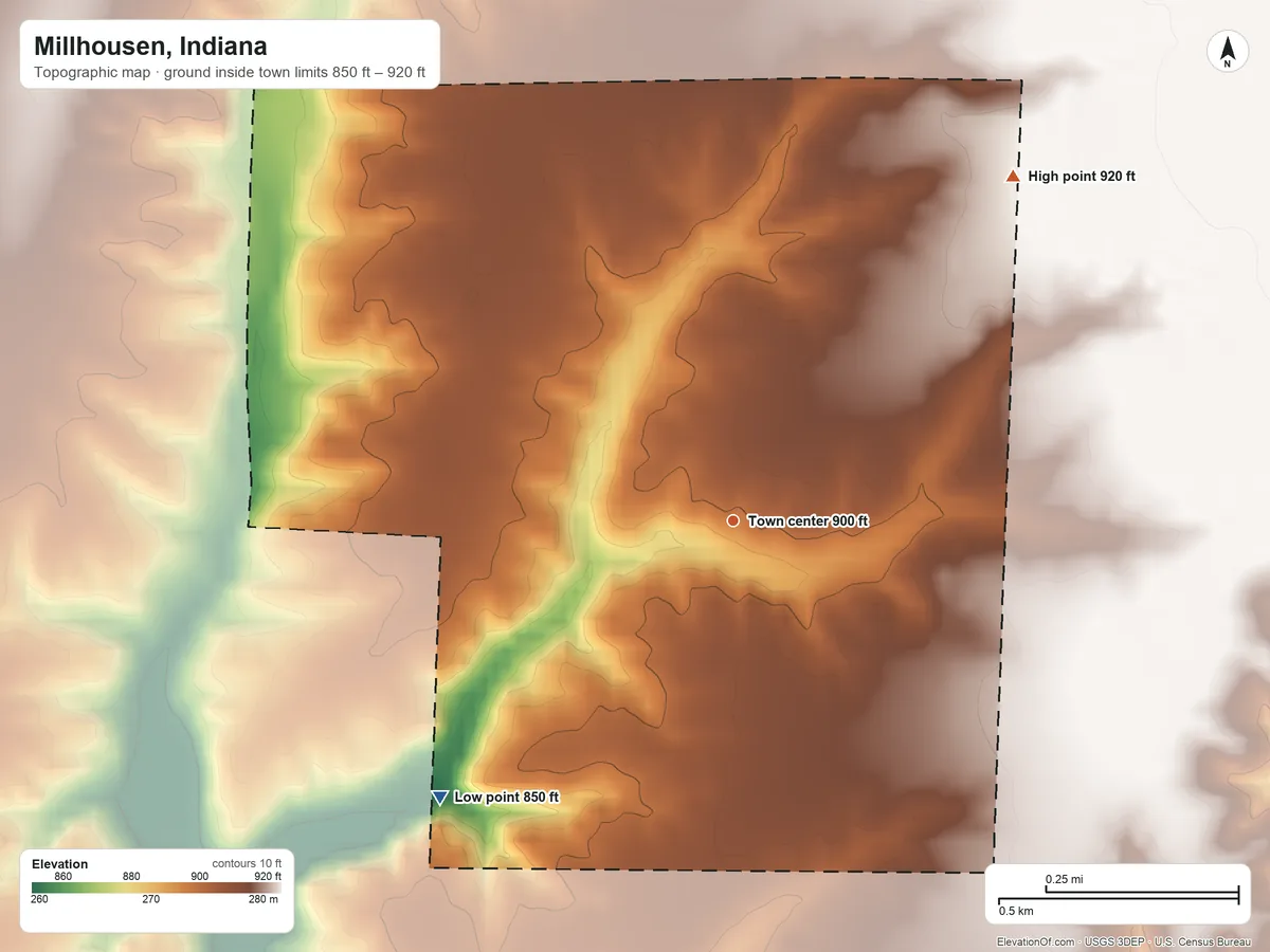 Topographic elevation map of Millhousen, Indiana, shaded from 850 ft on the southwest side to 920 ft on the northeast side