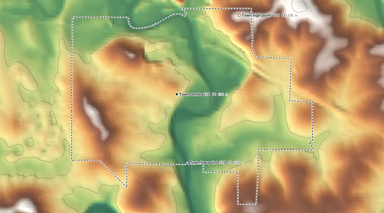 Topographic elevation map of Milltown, Indiana, shaded from 520 ft on the south side to 770 ft on the northeast side