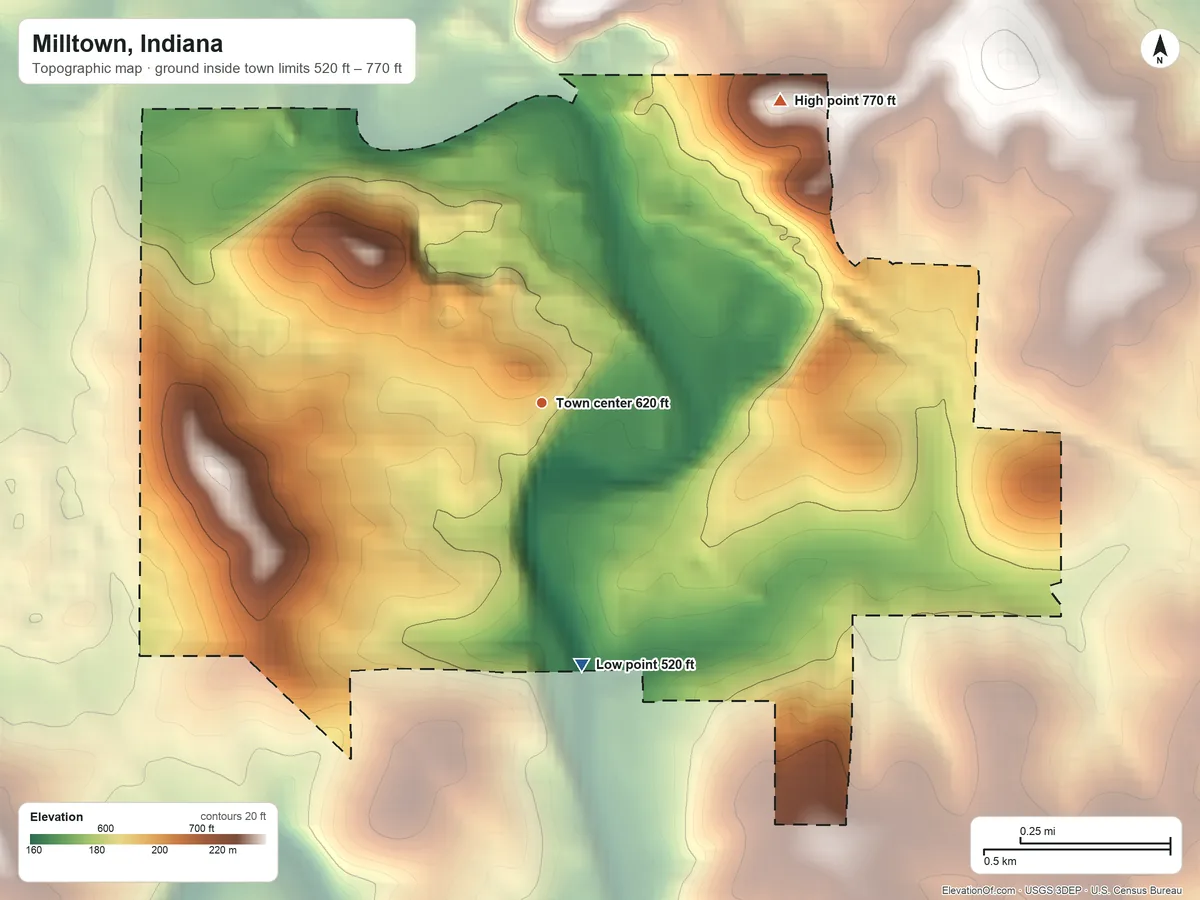 Topographic elevation map of Milltown, Indiana, shaded from 520 ft on the south side to 770 ft on the northeast side