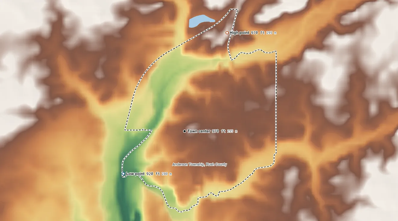 Topographic elevation map of Milroy, Indiana, shaded from 920 ft on the southwest side to 970 ft on the northeast side