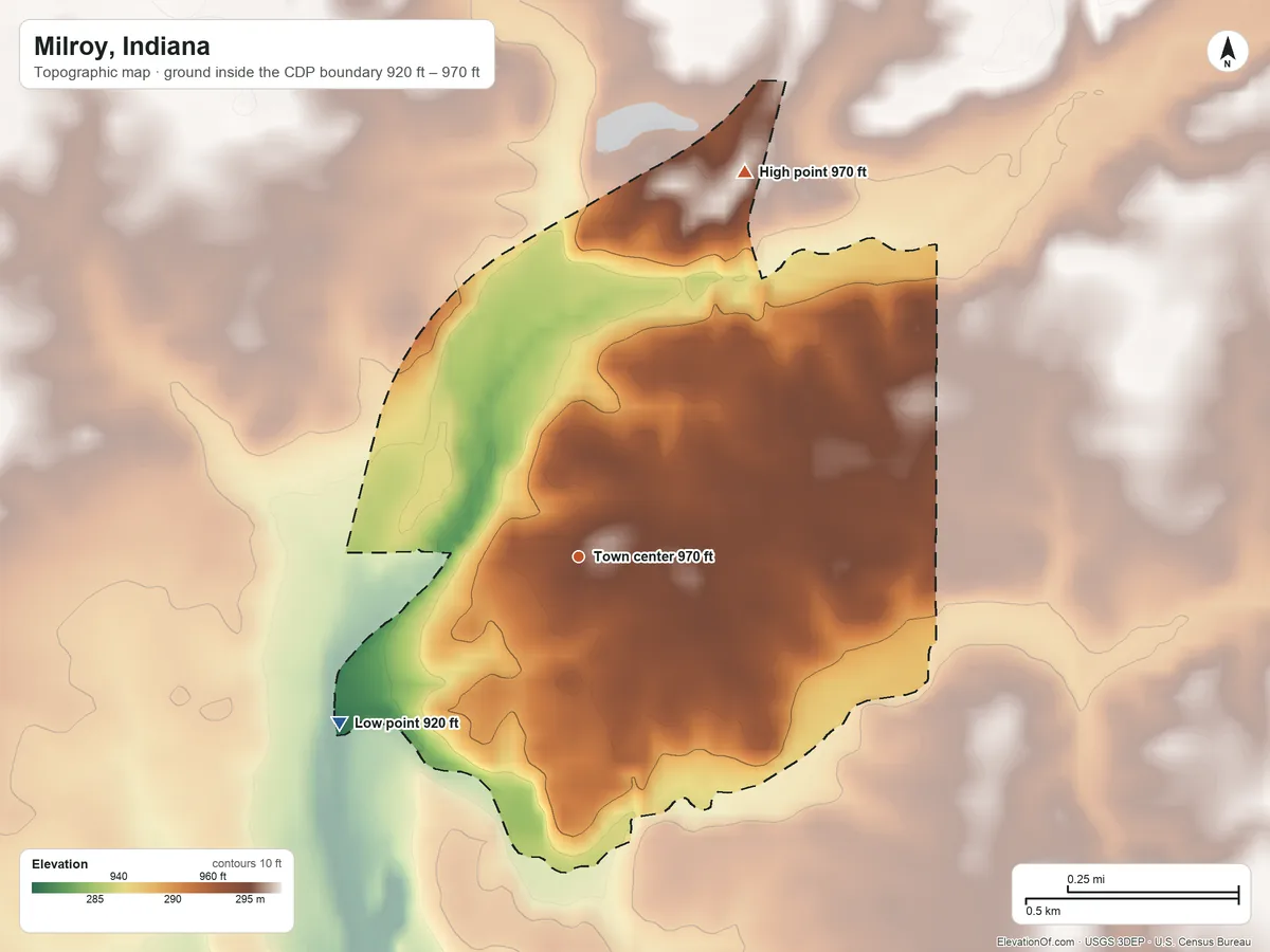 Topographic elevation map of Milroy, Indiana, shaded from 920 ft on the southwest side to 970 ft on the northeast side