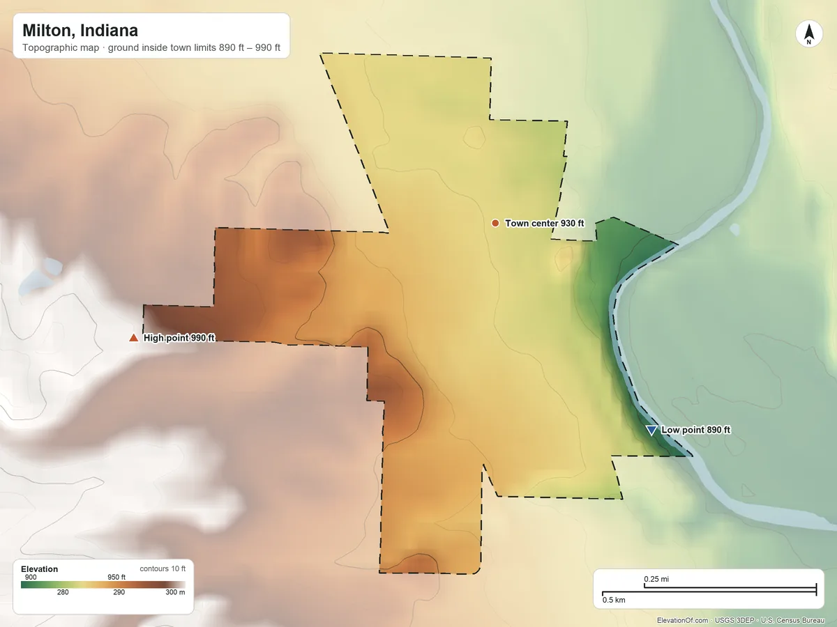 Topographic elevation map of Milton, Indiana, shaded from 890 ft on the southeast side to 990 ft on the west side