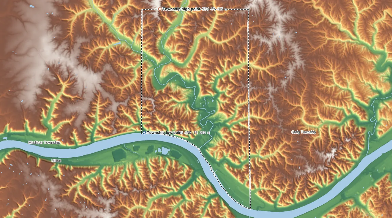 Topographic elevation map of Milton Township, Indiana, shaded from 430 ft on the southwest side to 930 ft on the north side