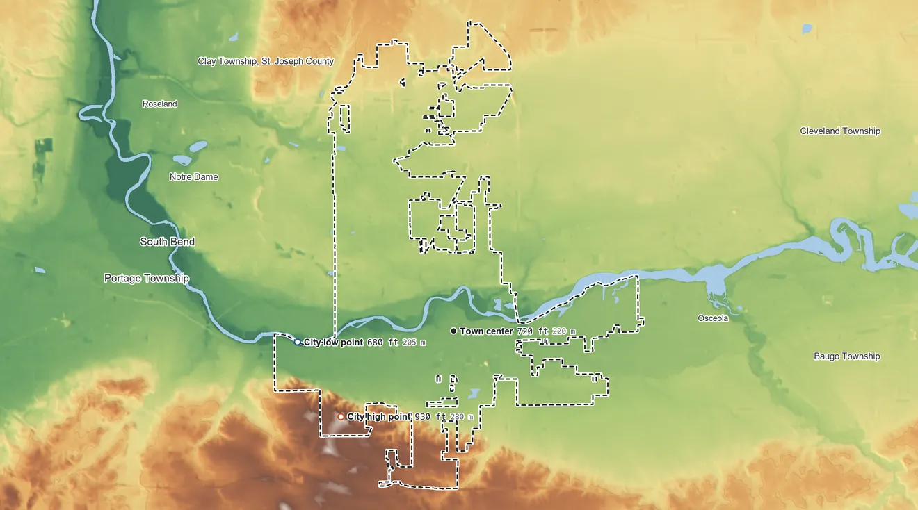Topographic elevation map of Mishawaka, Indiana, shaded from 680 ft on the west side to 930 ft on the southwest side