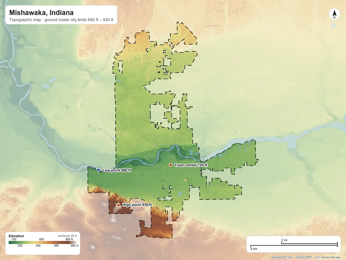 Topographic elevation map of Mishawaka, Indiana, shaded from 680 ft on the west side to 930 ft on the southwest side