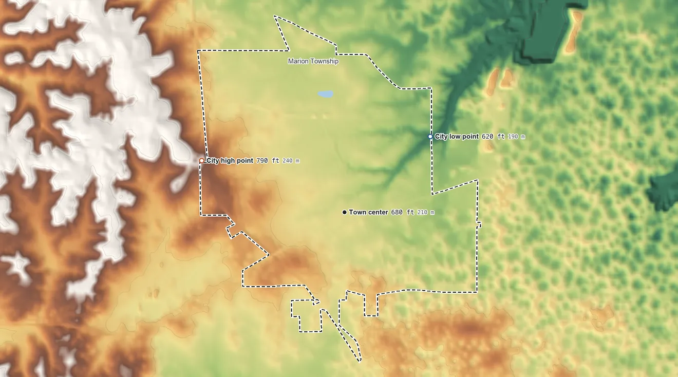 Topographic elevation map of Mitchell, Indiana, shaded from 620 ft on the northeast side to 790 ft on the west side
