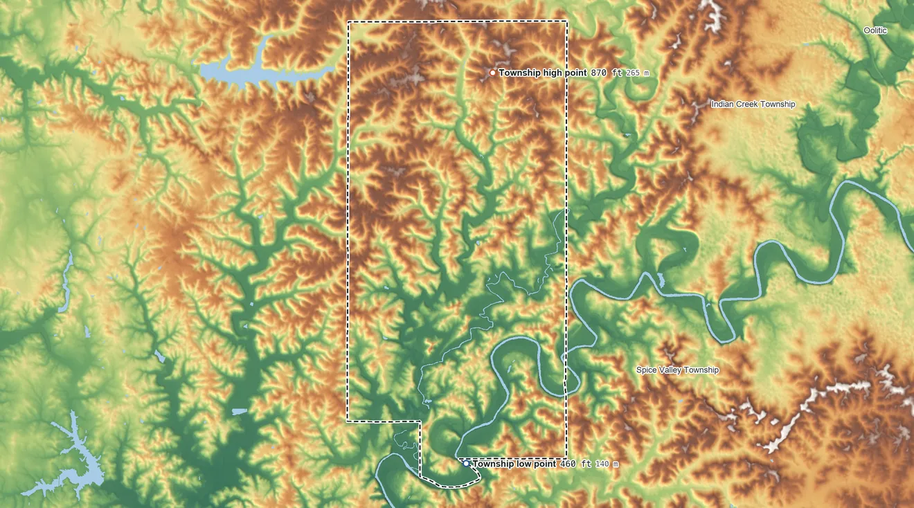 Topographic elevation map of Mitcheltree Township, Indiana, shaded from 460 ft on the south side to 870 ft on the north side