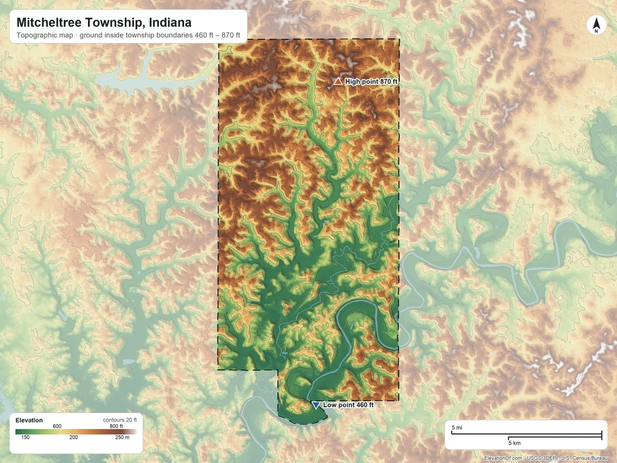 Topographic elevation map of Mitcheltree Township, Indiana, shaded from 460 ft on the south side to 870 ft on the north side