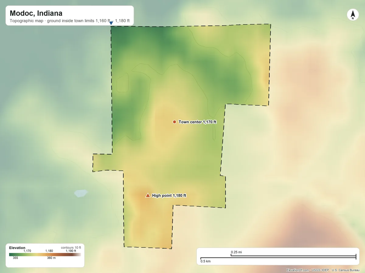 Topographic elevation map of Modoc, Indiana, shaded from 1,160 ft on the northwest side to 1,180 ft on the south side