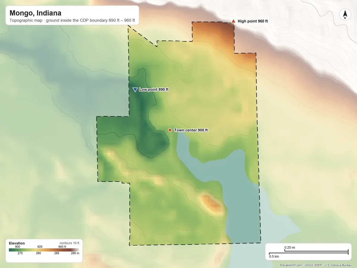 Topographic elevation map of Mongo, Indiana, shaded from 890 ft on the northwest side to 960 ft on the northeast side