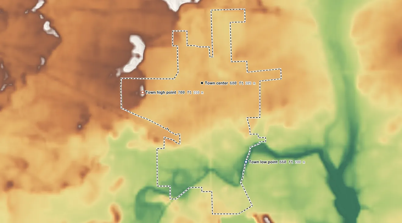 Topographic elevation map of Monon, Indiana, shaded from 660 ft on the southeast side to 700 ft on the west side