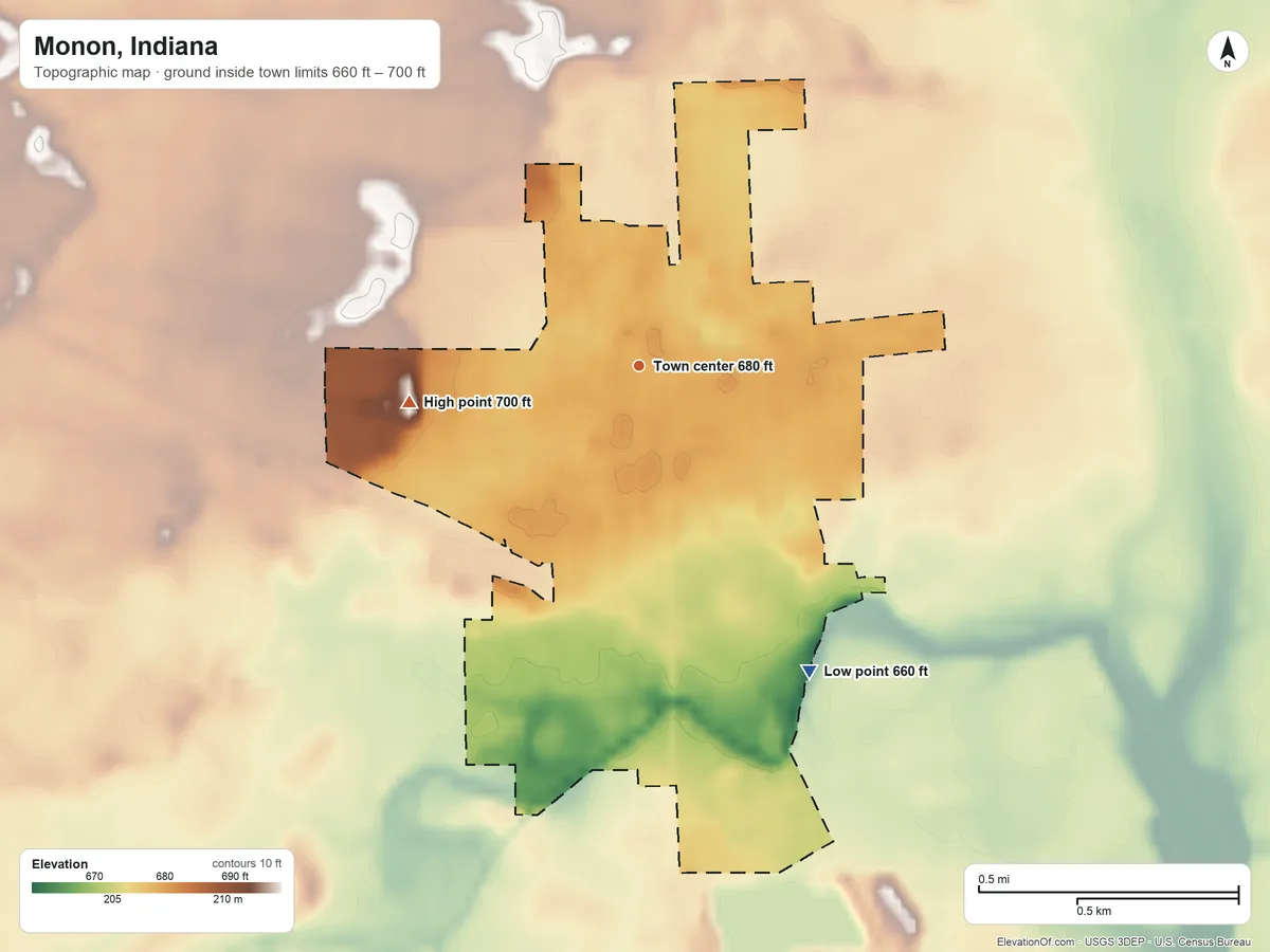 Topographic elevation map of Monon, Indiana, shaded from 660 ft on the southeast side to 700 ft on the west side