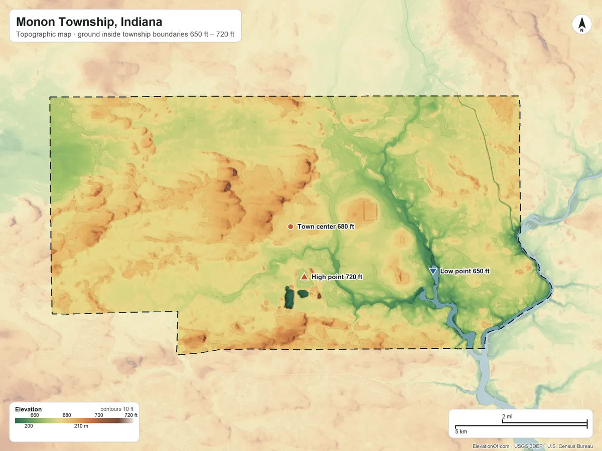 Topographic elevation map of Monon Township, Indiana, shaded from 650 ft on the east side to 720 ft near the middle