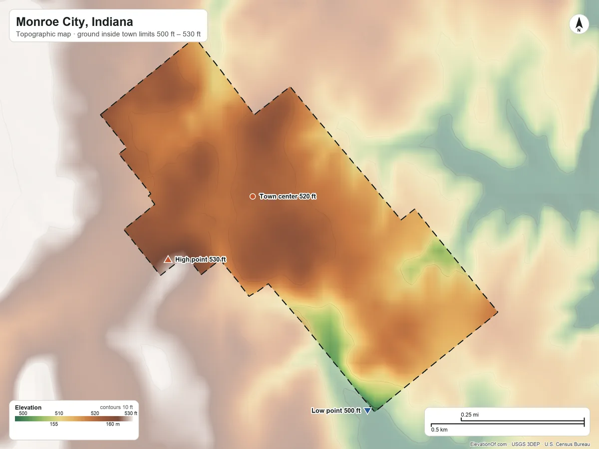Topographic elevation map of Monroe City, Indiana, shaded from 500 ft on the southeast side to 530 ft on the southwest side