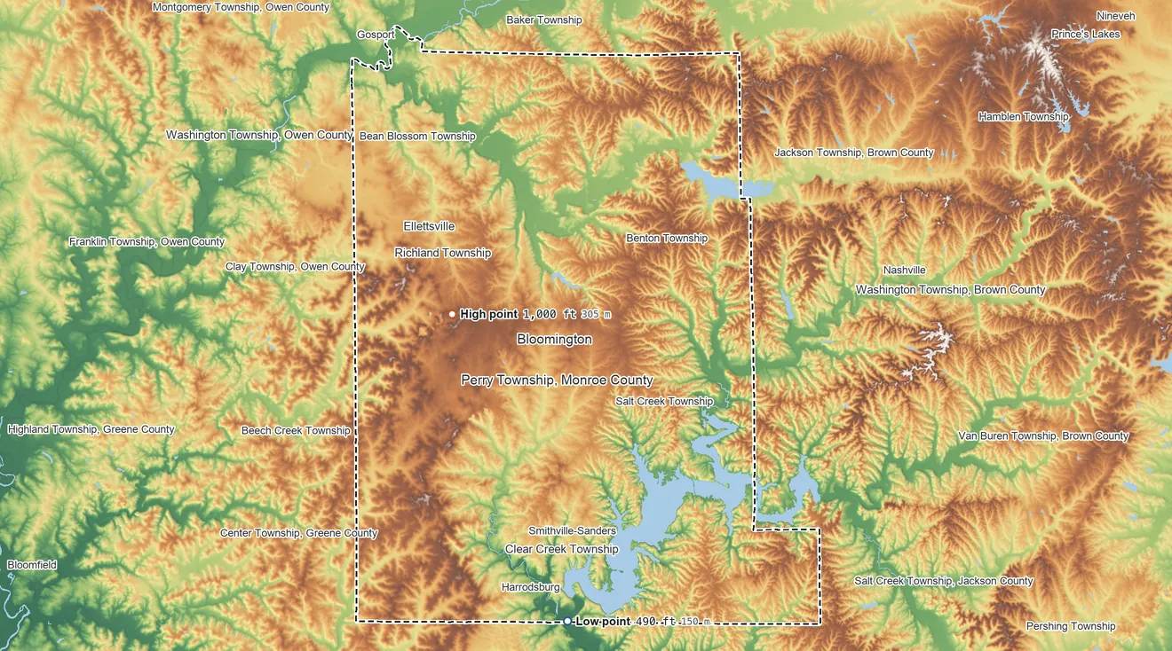 Topographic elevation map of Monroe County, Indiana, shaded from 490 ft on the south side to 1,000 ft on the west side