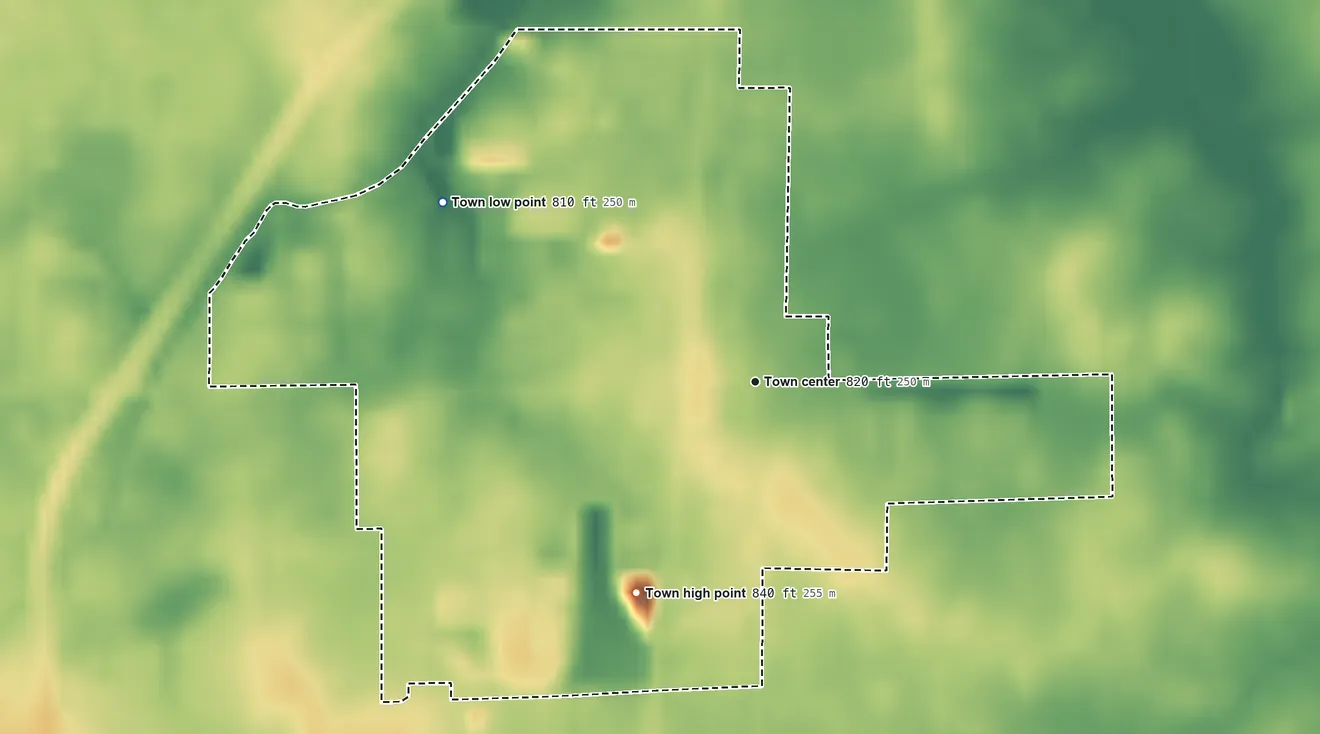 Topographic elevation map of Monroe, Indiana, shaded from 810 ft on the northwest side to 840 ft on the southwest side